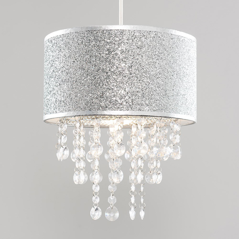 33cm H Cotton Blend Drum Pendant Shade ( Slip-On ) in Silver