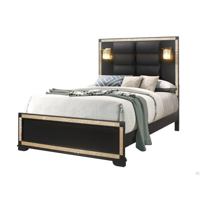 Lively Black/Gold Queen Bed With Lamps