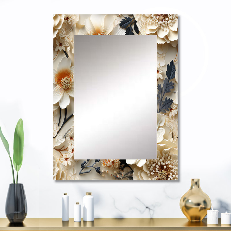 Alburga crème dentelle botanique - miroir mural floral, miroir décoratif de chalet, impression d'art en métal, 32 po x 24 po