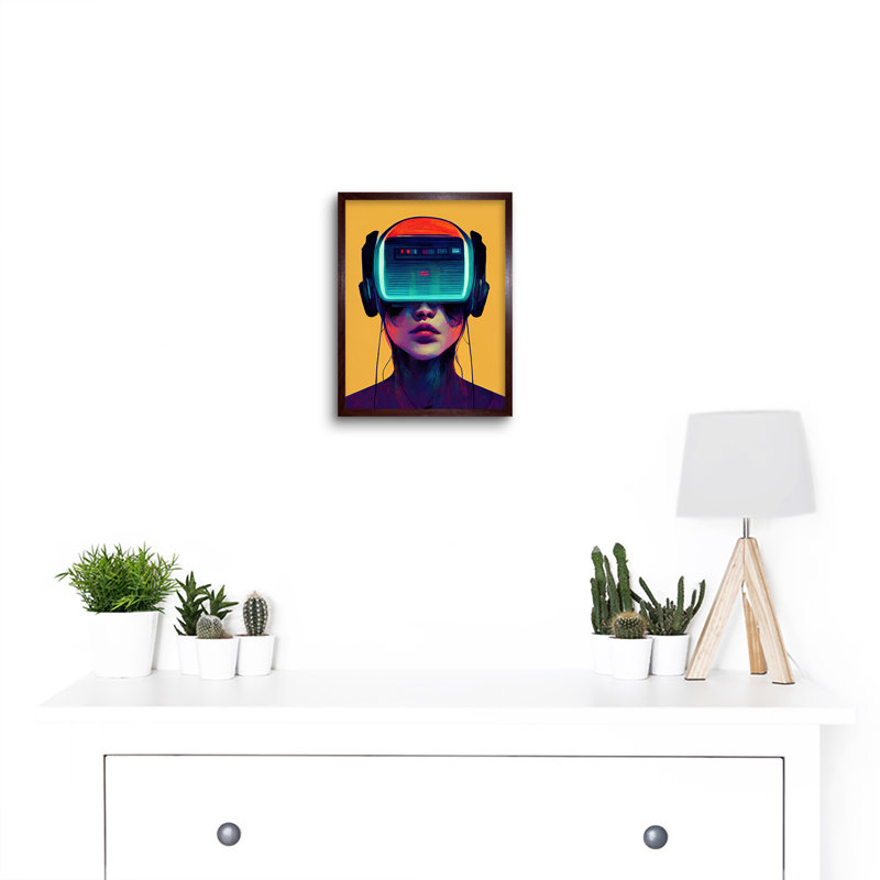 Gamer Gaming VR Videogame Headset Woman - Print, Brown Framed Paper, 25.9cm H x 20.6cm W x 1.5cm D