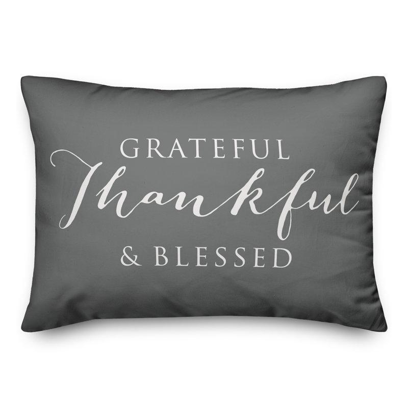  Grateful Thankful Blessed Outdoor Rectangular Pillow Cover & Insert, Grey & White