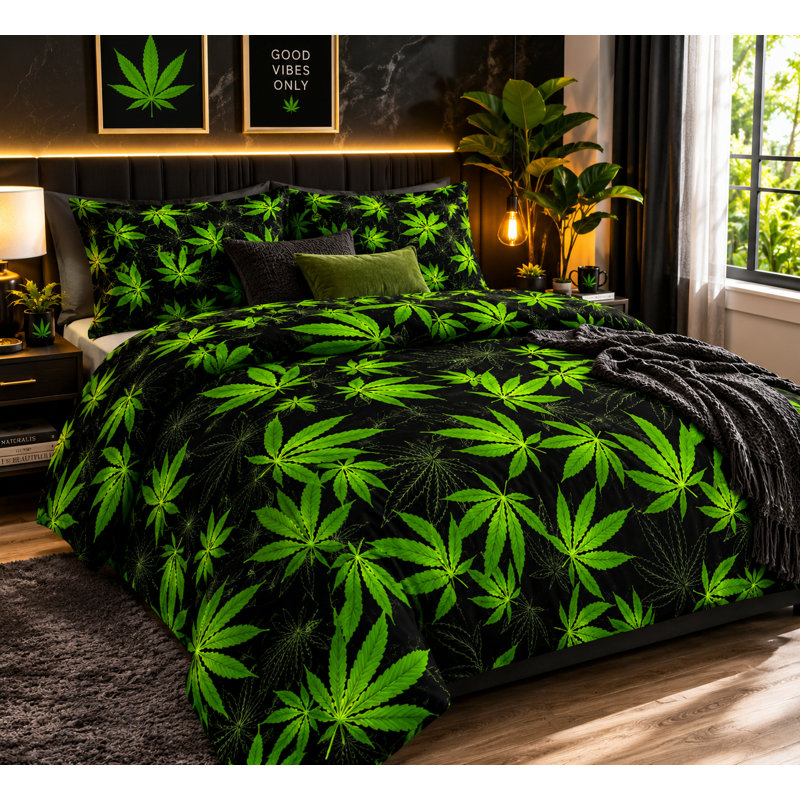 NZ Cotton Blend Abstract Duvet Cover Set with Pillowcases, King, Black/Green