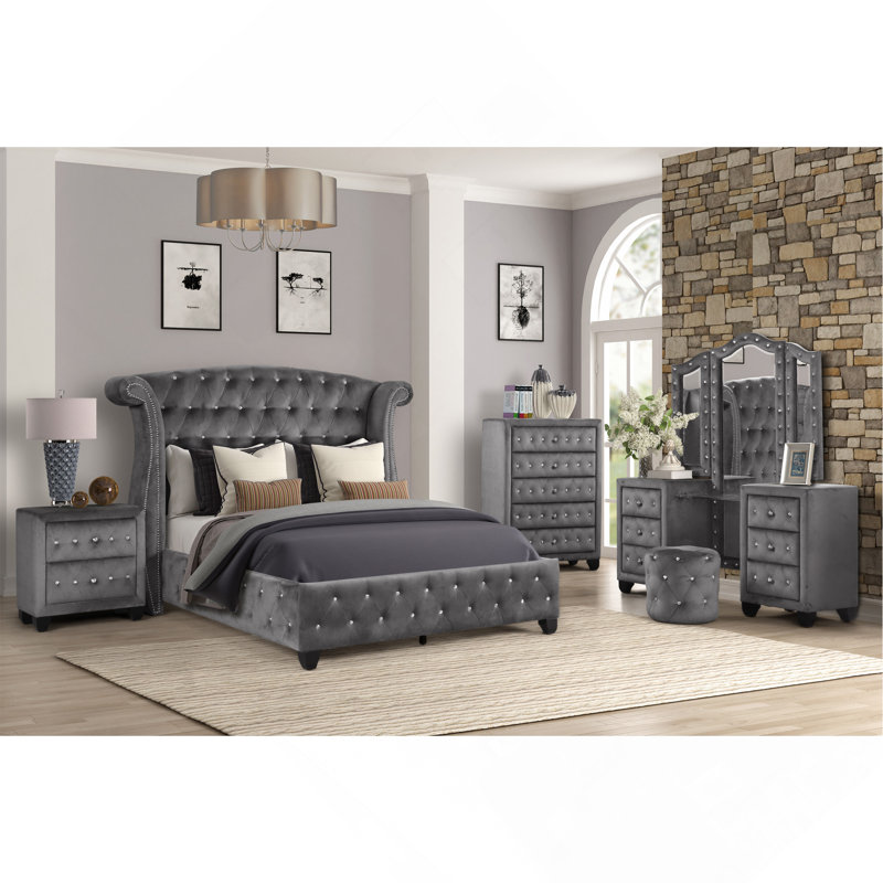 Sophia Modern Style Crystal Tufted 2-Drawer Nightstand Upholstered With Velvet Fabric Made With Wood In Gray