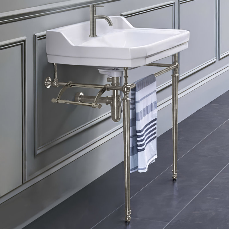 Console Whitehaus de 24 po avec bol rectangulaire intégré, repose-pieds en laiton et barre à serviettes latérale, Simple