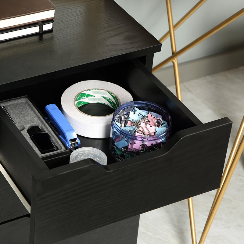 Armoire de bureau à 3 tiroirs à grain de bois noir, offrant une solution de rangement efficace pour vos 3 espaces supplémentaires