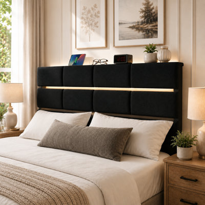 Full & Queen Size Upholstered Headboard Only with Charging Station, RGB LED Lights & Storage Shelf, Adjustable Height, Sturdy and Stable Headboard,  Ideal for Bedroom Dorm Guest Room, Black