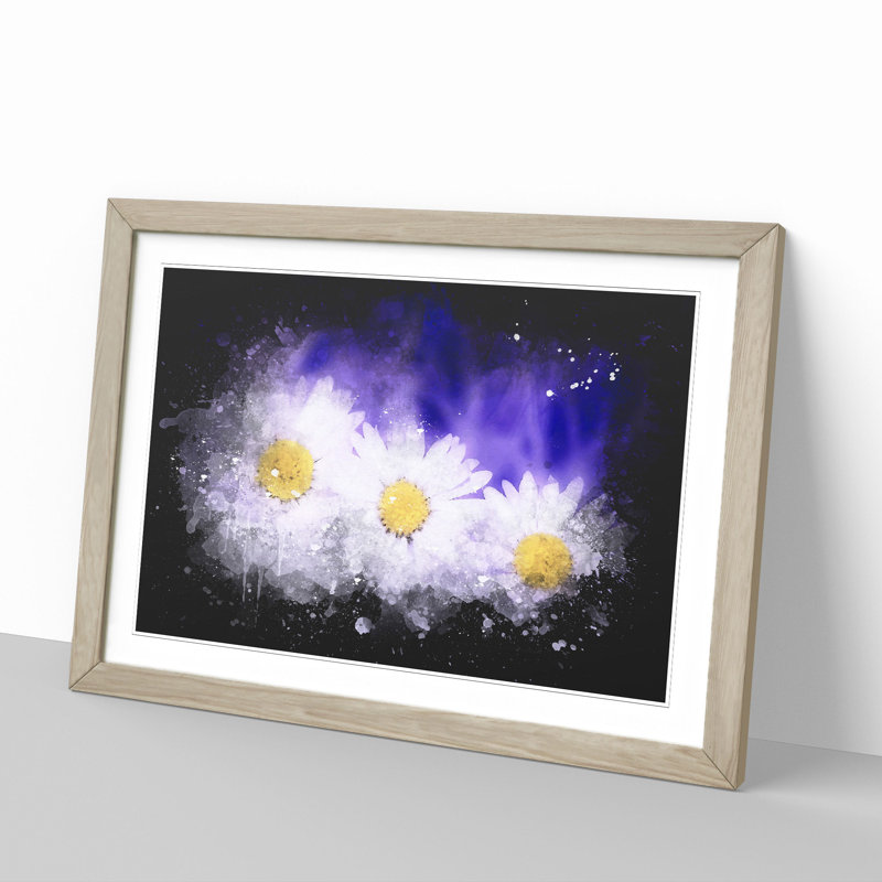 Three White Daisies Paint Splash - Picture Frame Graphic Art, 48cm H x 65cm W x 2cm D, Oak