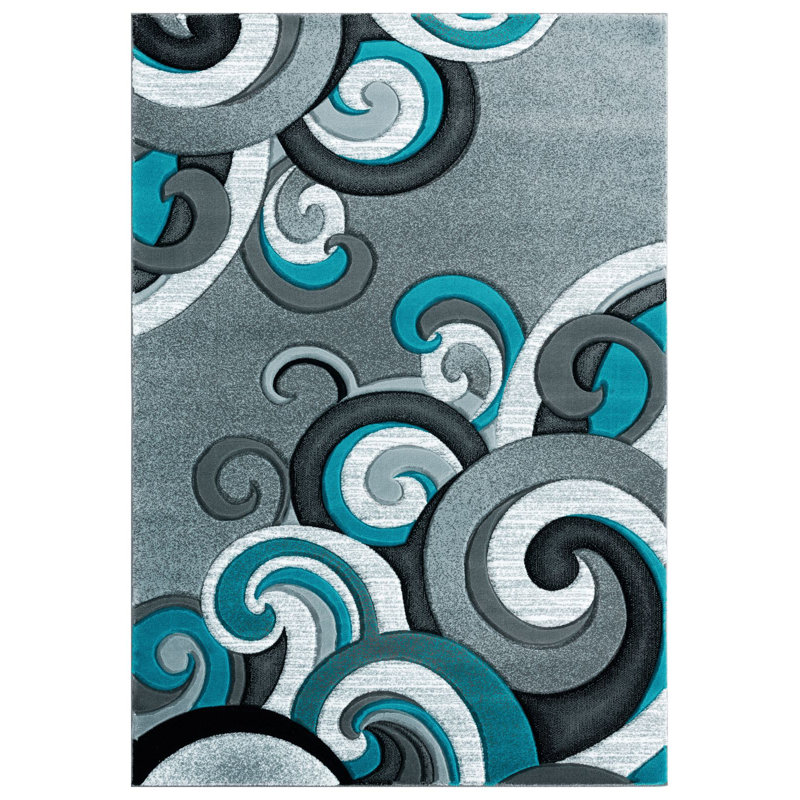 Tapis turquoise / gris à motif cachemire Zabala, Rectangle 7 pi 10 po x 10 pi 6 po