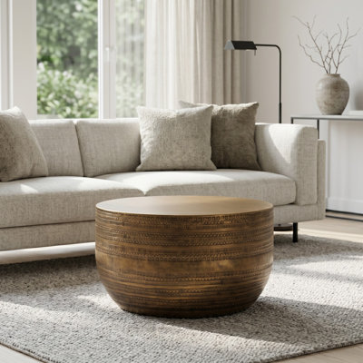 Modern Round Aluminum Hammered Texturing Metal Drum Coffee Table, Hand-Stamped Iron