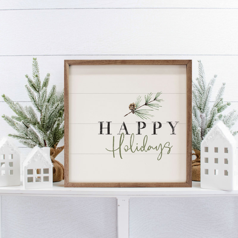 Joyeuses Fêtes, branche de pin, blanc, H 16 po x l 16 po
