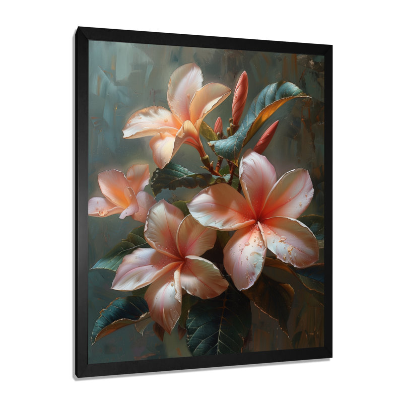 Fleurs roses et blanches tropicales de Plumeria II - Plumeria, art mural, Toile encadrée noire simple