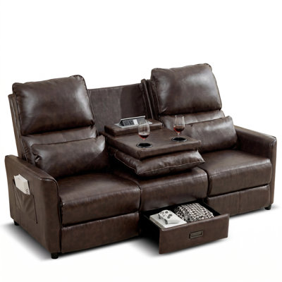 Canapé inclinable 74 po 3 places pour véhicule récréatif, fauteuil inclinable 3 places en similicuir, fauteuil de cinéma maison, fauteuil inclinable à dossier poussoir pour 3 personnes, rouge et brun