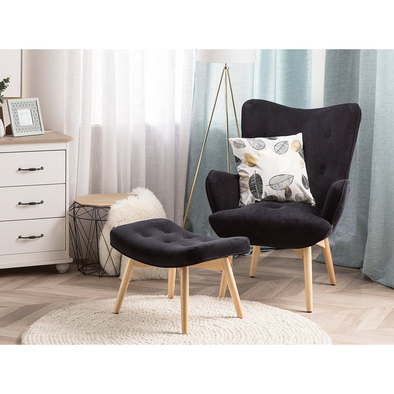 Carwile Upholstered Wingback Chair With Footstool, Black