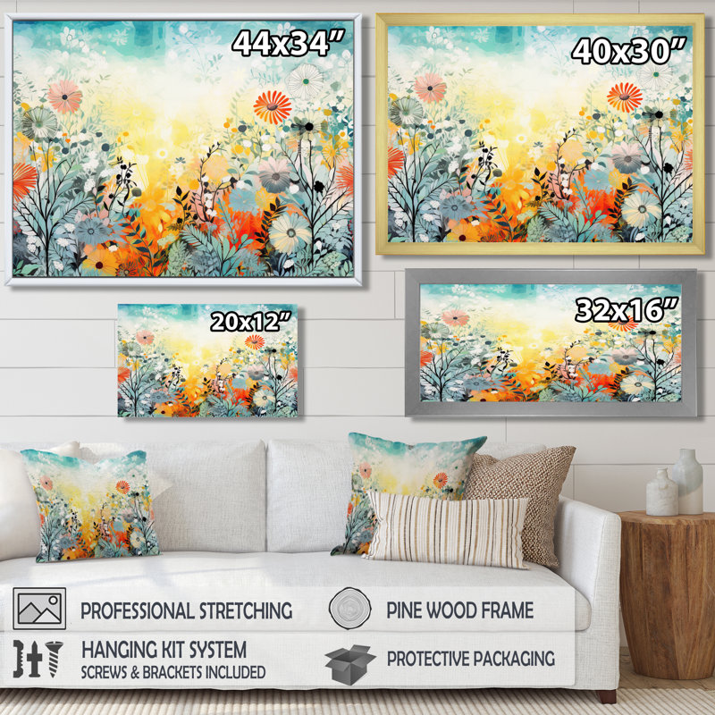 Art mural rétro avec fleurs printanières vibrantes - fleurs sauvages, Toile tendue, H 16 po x l 32 po x P 1 po