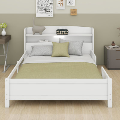 Wood Bed With Storage Headboard And Guardrail, Wood Platform Bed Frame With Built-In LED Light