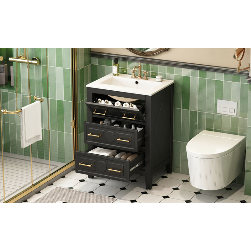 Meuble-lavabo de salle de bain 24 po avec lavabo en céramique Retro, Black
