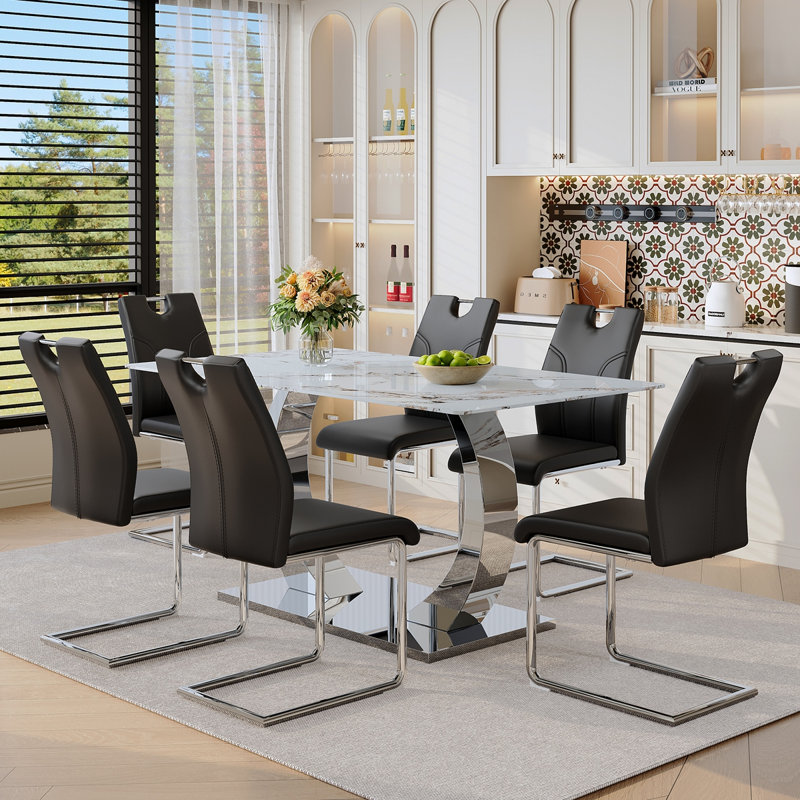 Ensemble de salle à manger à pieds en acier inoxydable avec plateau en verre trempé blanc de 63 pouces et 6 fauteuils en forme de U de style minimaliste moderne