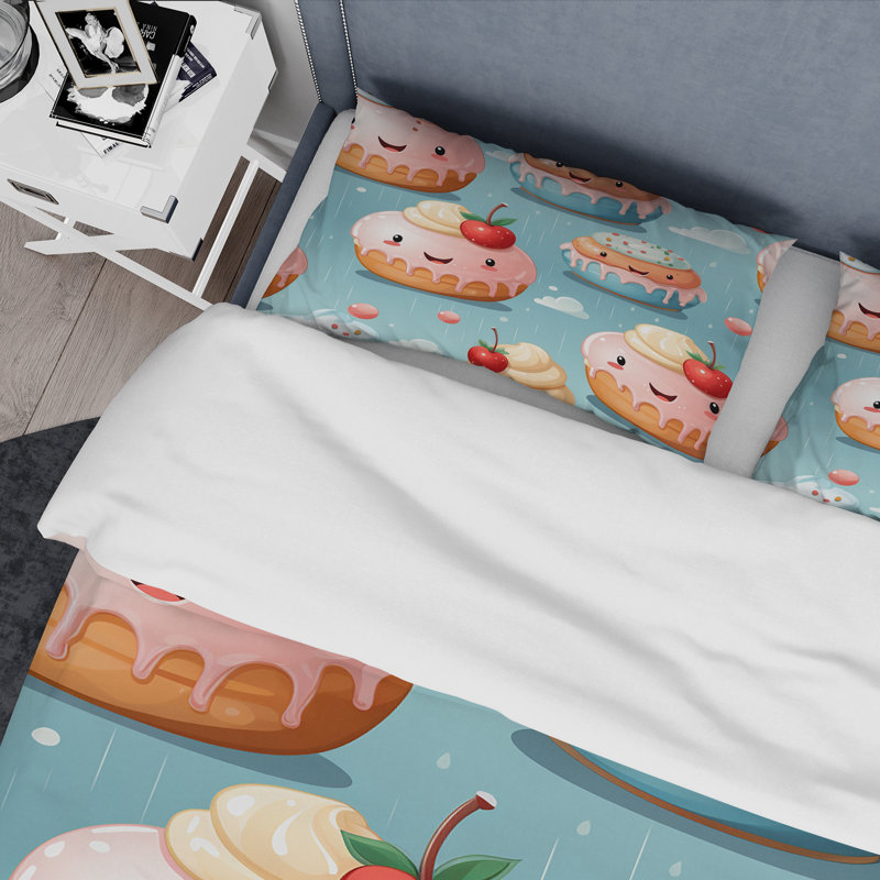 Ensemble de housse de couette rose et bleu Donut Kithchen, Housse de couette pour grand lit et 2 taies décor