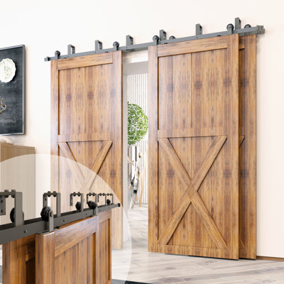 Black Top Mount T-Shape Design Double Track Bypass Three Door Barn Door Hardware Kit (Door Not Included)