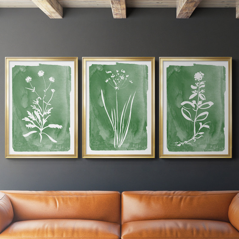 Toile encadrée de qualité supérieure Green Botanical I - prête à être accrochée, Cadre doré, H 42,5 po x l 61 po x P 2,5 po