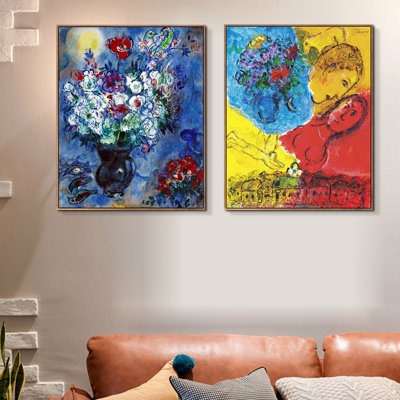 Reproduction d'art numérique sur toile encadrée, 2 pièces par Marc Chagall, série d'art mural n ° 19 pour les décorations de bureau à domicile (cadre de couleur bois mince, 18 po x 24 po chaque pièce)