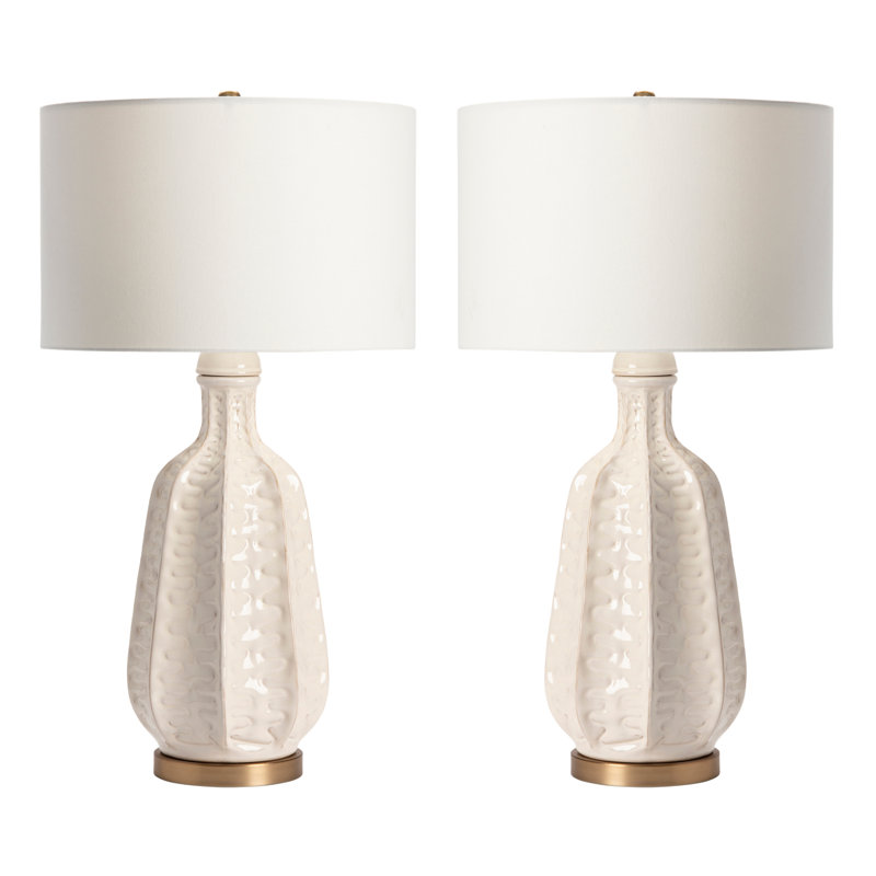 White Ceramic Table Lamp With Ridged Body And Gold Accents