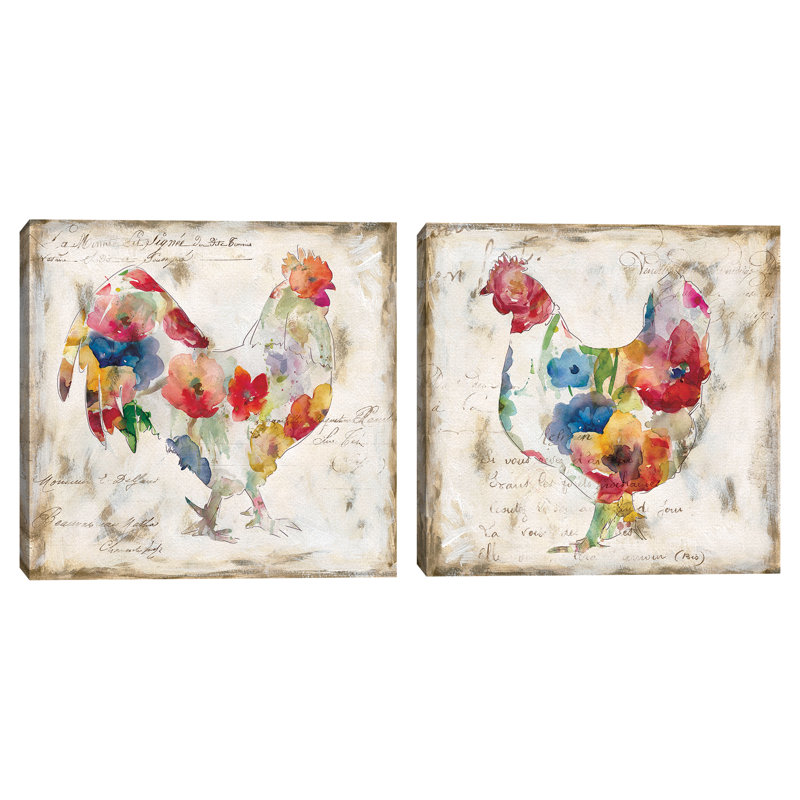 «Flowered Hen & Rooster», ensemble de 2 reproductions d'art sur toile en rouge / vert / bleu, H 20 po x l 20 po x P 1,5 po