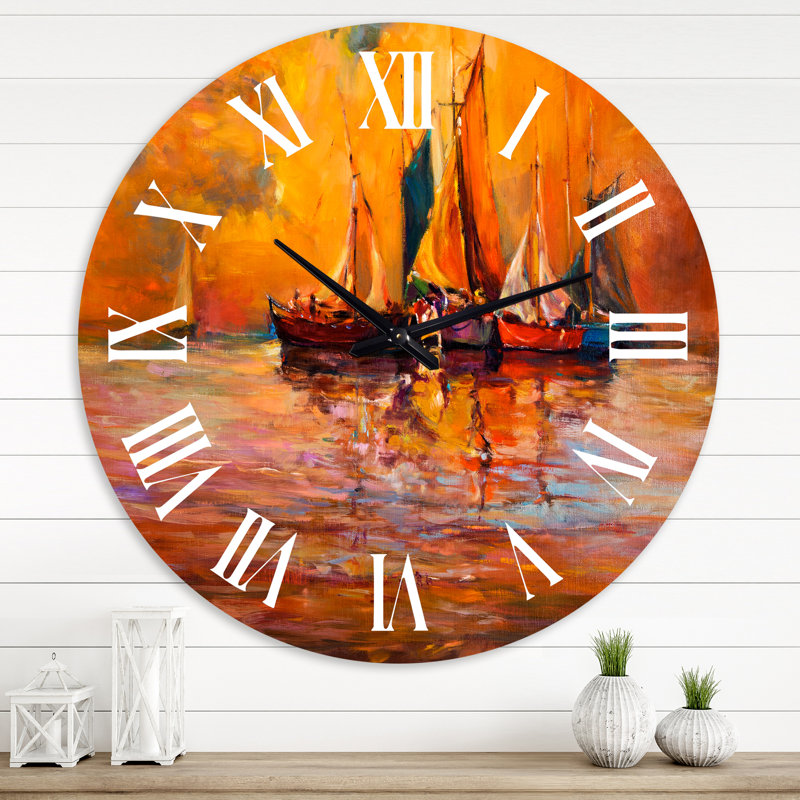 Bateaux sur l'océan pendant le coucher du soleil I - horloge murale nautique et côtière, Grand
