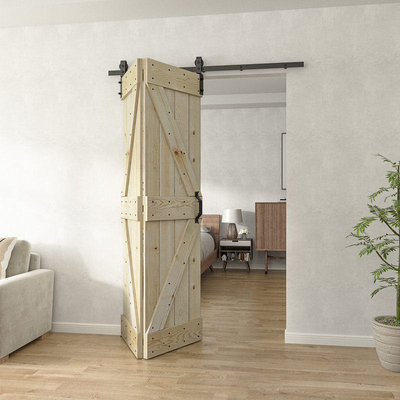80''H Embossing Knotty Pine Wood Bi- Fold Barn Door With Hardware Kit, Unfinished, 36" x 80"