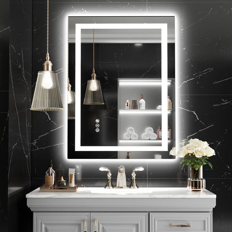 Frameless LED Bathroom Mirror 32x24 Inch, Tempered Glass, Wall-Mounted Vanity Mirror with Anti-Fog, 3 Colors Dimmable Light, Memory Function