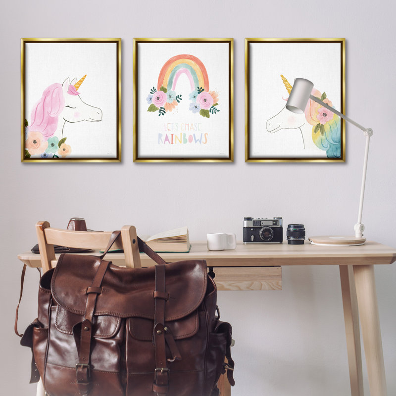 Ensemble de toiles 3 pièces «Let Chase Rainbows Unicorns» par Jenaya Jackson, Cadre flottant métallique doré