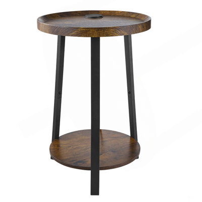 Table d'appoint ronde à 2 niveaux avec étagères de rangement ouvertes, table de chevet moderne avec ports de chargement USB et secteur, table basse en bois pour salon, chambre, bureau, chambre d'étudiant, brun