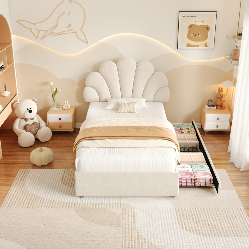 Upholstered Bed With Adjustable Headboard And 2 Drawers Velvet, Beige