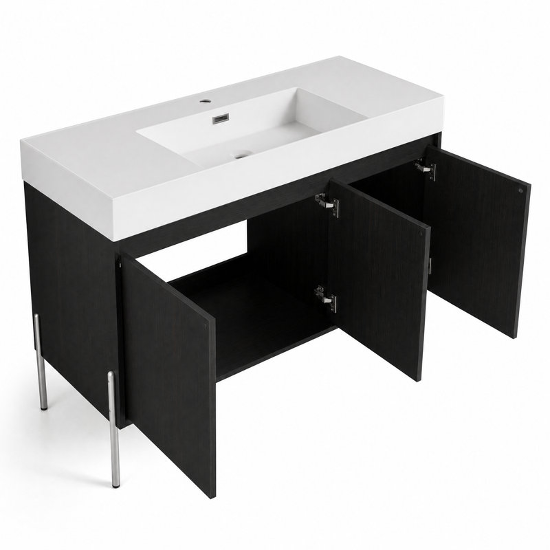 Meuble-lavabo autoportant de 48 po avec lavabo en résine, 3 portes à fermeture en douceur, armoire de rangement en contreplaqué chêne foncé pour la salle de bain, chambre principale