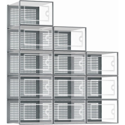 Organisateurs de chaussures empilables en plastique transparent avec couvercles, 12 bacs de rangement sous le lit pour placard et vestibule, conception avant rabattable pour un accès facile