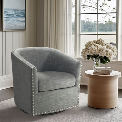 Tyler 360° Swivel Barrel Chair with Nailhead Trim, Gray