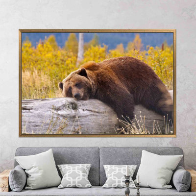 Framed Animal Wall Art Featuring a Humorous Brown Bear Resting on a Log for Modern Home Decor