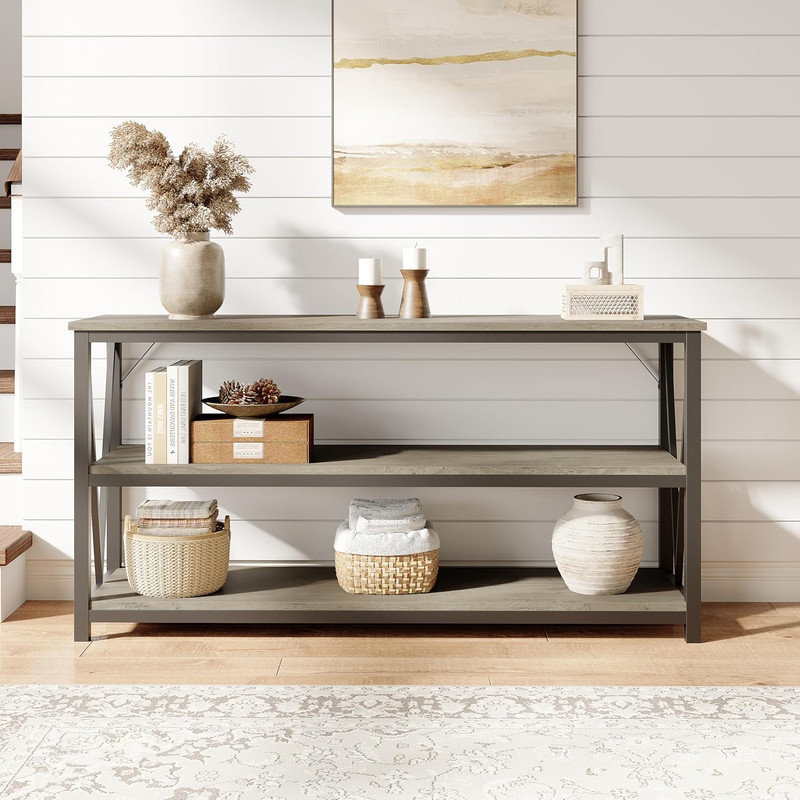 55" Wooden Fluted Console Table, 3-Tier Sofa Table for Entryway & Living Room Behind Couch, Brown Wood