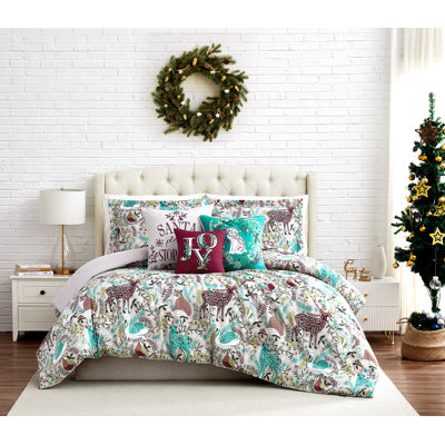 Ensemble de literie Southshore Fine Linens Christmas Woodland, couette et housse de couette 5 pièces en microfibre doublement brossée 100 g/m², avec taie d'oreiller décorative et housses de coussin assorties, 1 place / 1 place XL