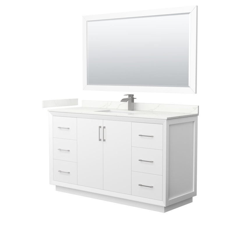 Strada 60'' W Single Vanity, Giotto Quartz, White, Brushed Nickel