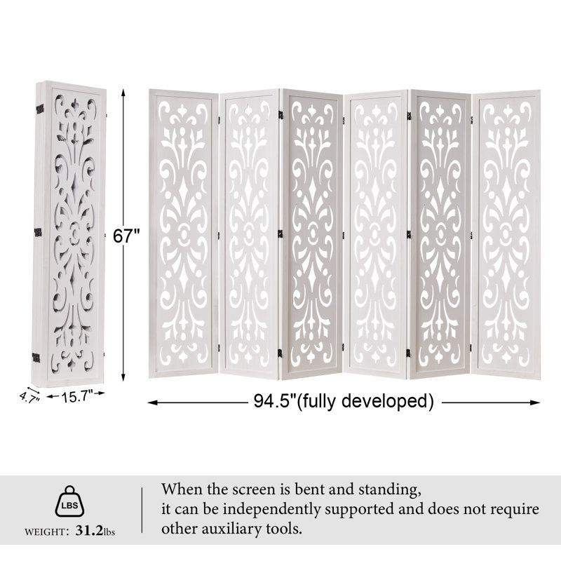 Paravent classique sculpté - Paravent pliable en bois 5,75 pi, Blanc, 6