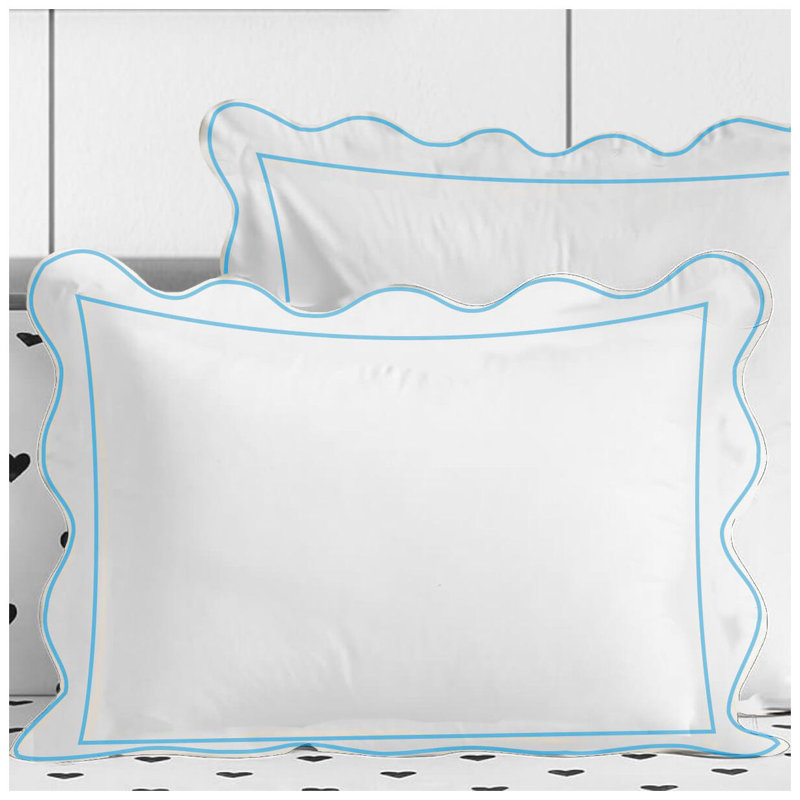 400TC Cotton Scallop Embroidery & Border Sateen Solid Duvet Cover Set, California King/King Duvet Cover, White/Light Blue