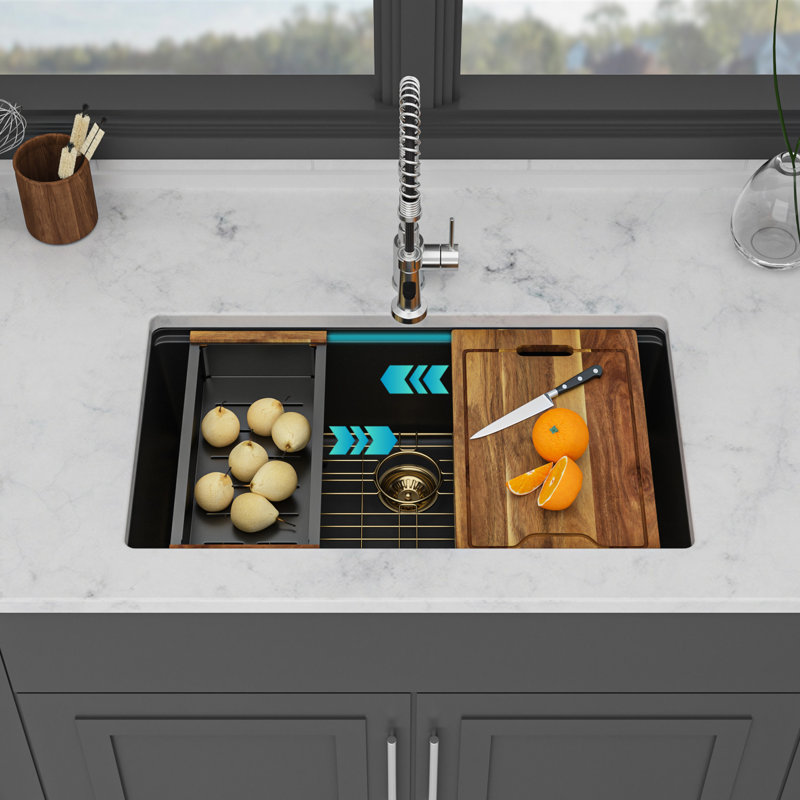 30" X 19" 9.77" Black Quartz Undermount Kitchen Sink, Granite Composite Single Bowl, Noise - Absorbing, Hygienic Design, With Strainers Assembly Workstation Sink 9.77", Easy To Clean, Comes Drying