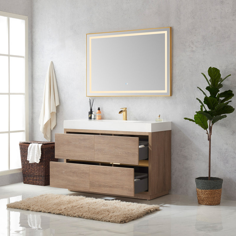 Beira 48'' Single Bathroom Vanity with Composite Top, North American Oak, White
