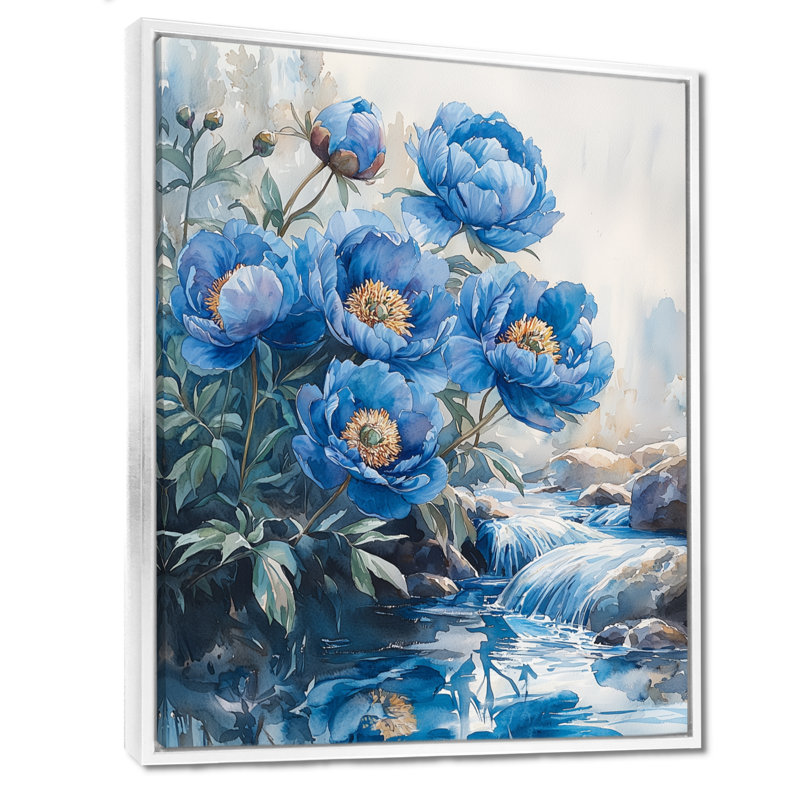 Art mural sur toile Blue Pivoines par The Stream I, Reproduction avec cadre flottant, H 44 po x l 34 po, Blanc