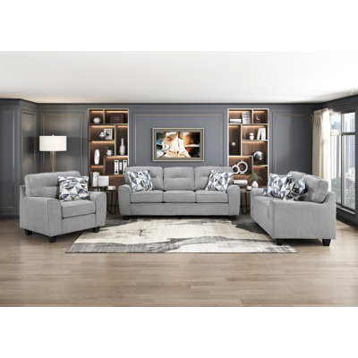 Contemporary 3pc Set Living Room Sofa Loveseat Chair Gray Durable Chenille Fabric Decorative Pillows Wooden Furniture