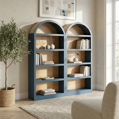 Freestanding Tall Bookshelves Set of 2, Farmhouse Two-Tone Open Storage Cabinet with Fabric Arched Top, 5-Tier Display Bookcase for Living Room, Bedroom, Home Office