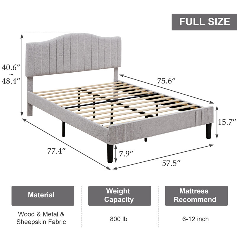 Full Size Gray Teddy Fabric Upholstered Platform Bed Frame with Height-Adjustable Headboard, Noise-Free Storage Design, No Box Spring Needed