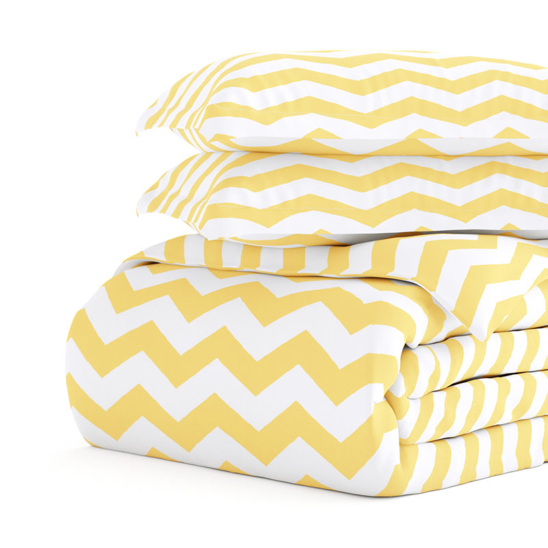 Queen Yellow and White Microfiber Geometric Duvet Cover Set