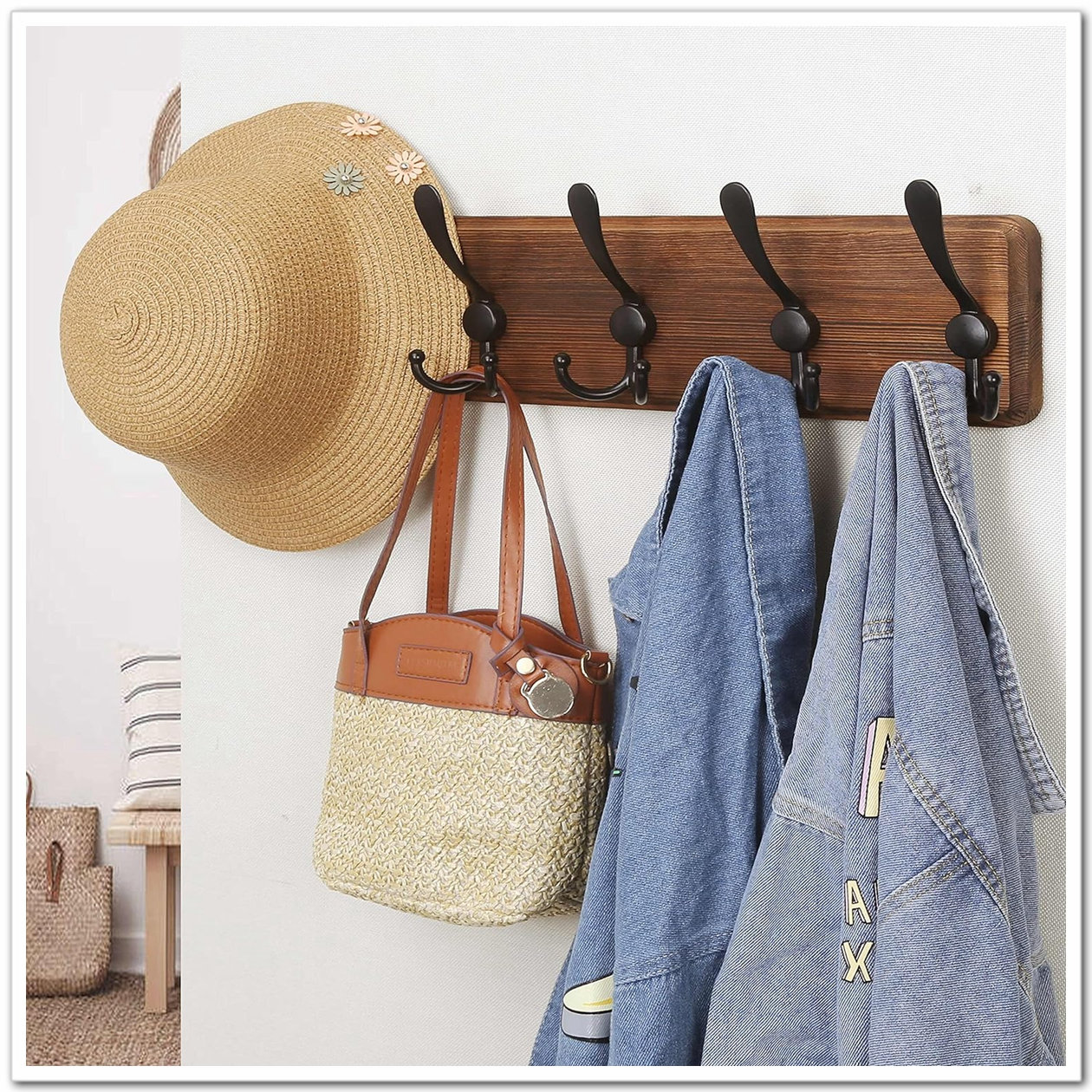 Attachable Coat Rack 17 Stories Wall Mounted Coat Rack - 5 Triple Hooks, Heavy Duty, Wooden ...